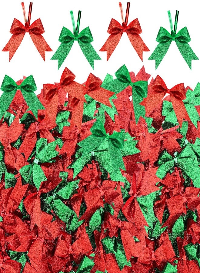 Xinnun 100 Pieces 2 Inch Christmas Ribbon Bows Glitter Twist Tie Pretied Mini Shiny Christmas DIY Polyester Craft Bows for Sewing Appliques Scrapbooking Wedding Gift(Red, Green) - Image 1